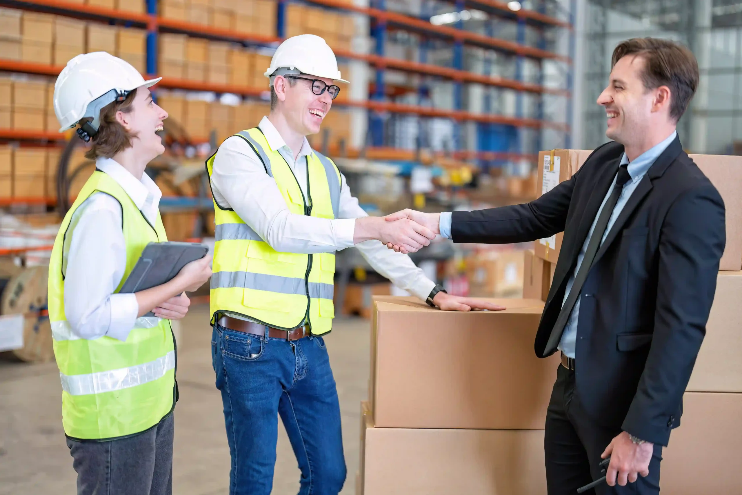 Logistics team discussing order delivery services inside a large distribution warehouse