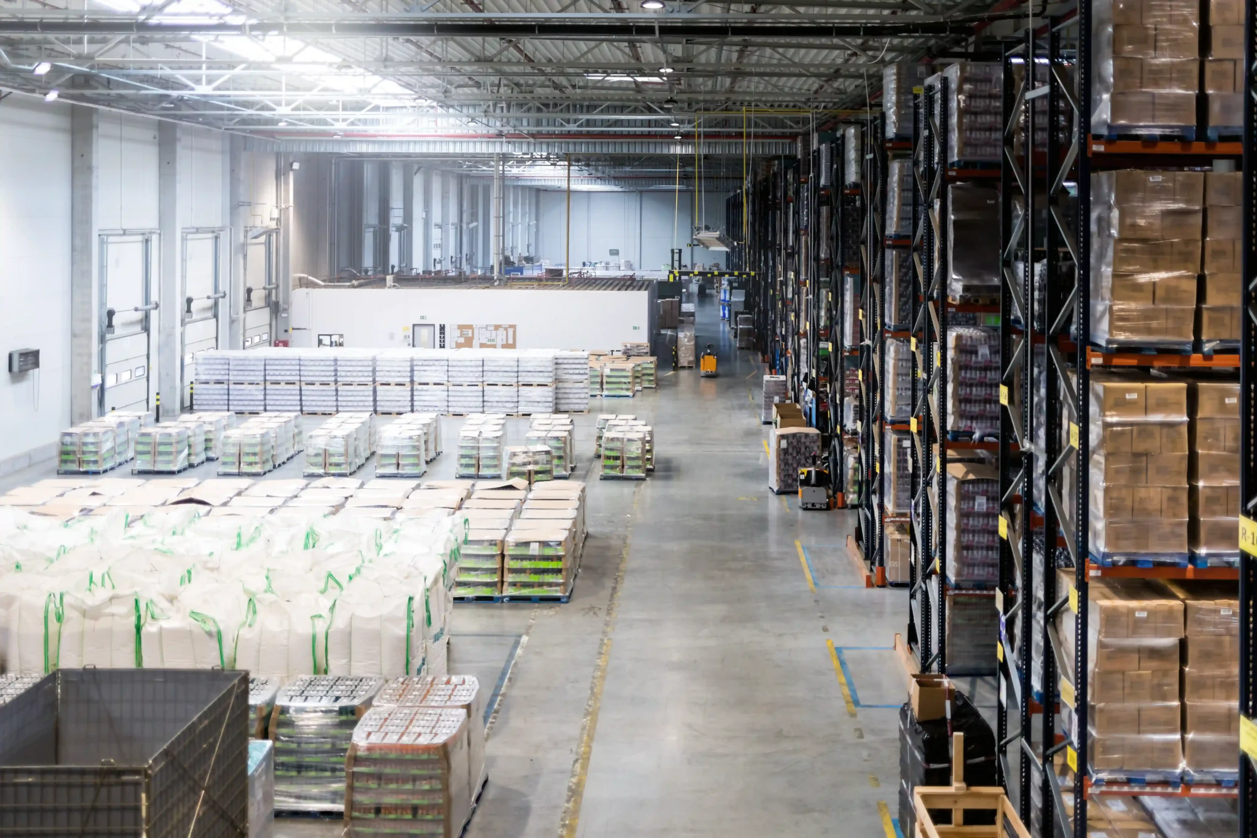 Wide view of a cross docking distribution center with inbound and outbound freight staged for rapid sorting