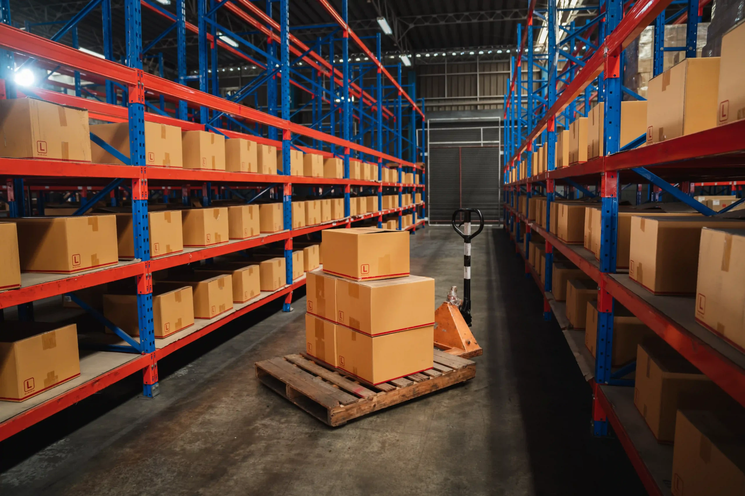 Organized cardboard boxes stacked on metal racks using small warehouse storage solutions