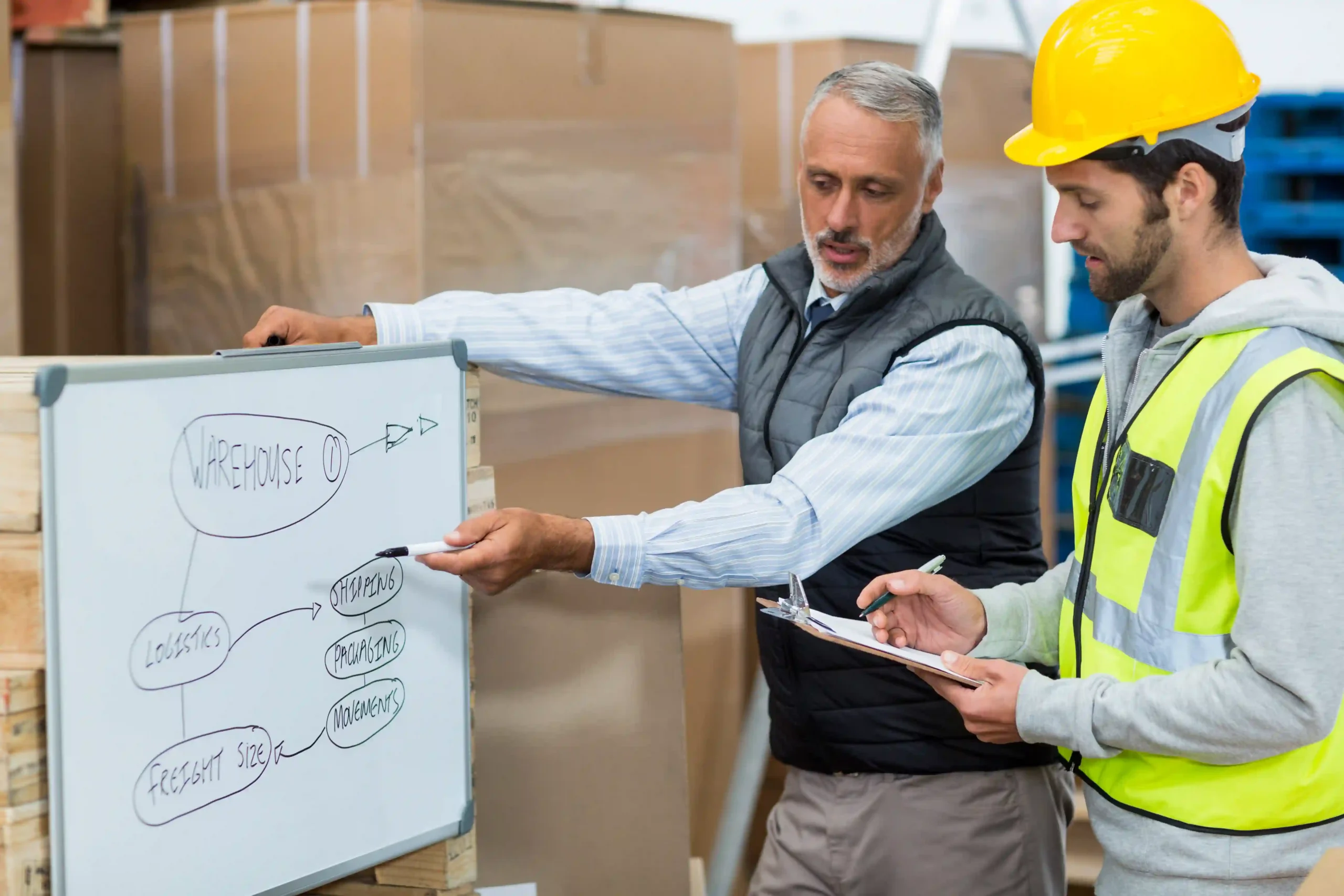 Warehouse manager explaining inventory management system diagram on whiteboard