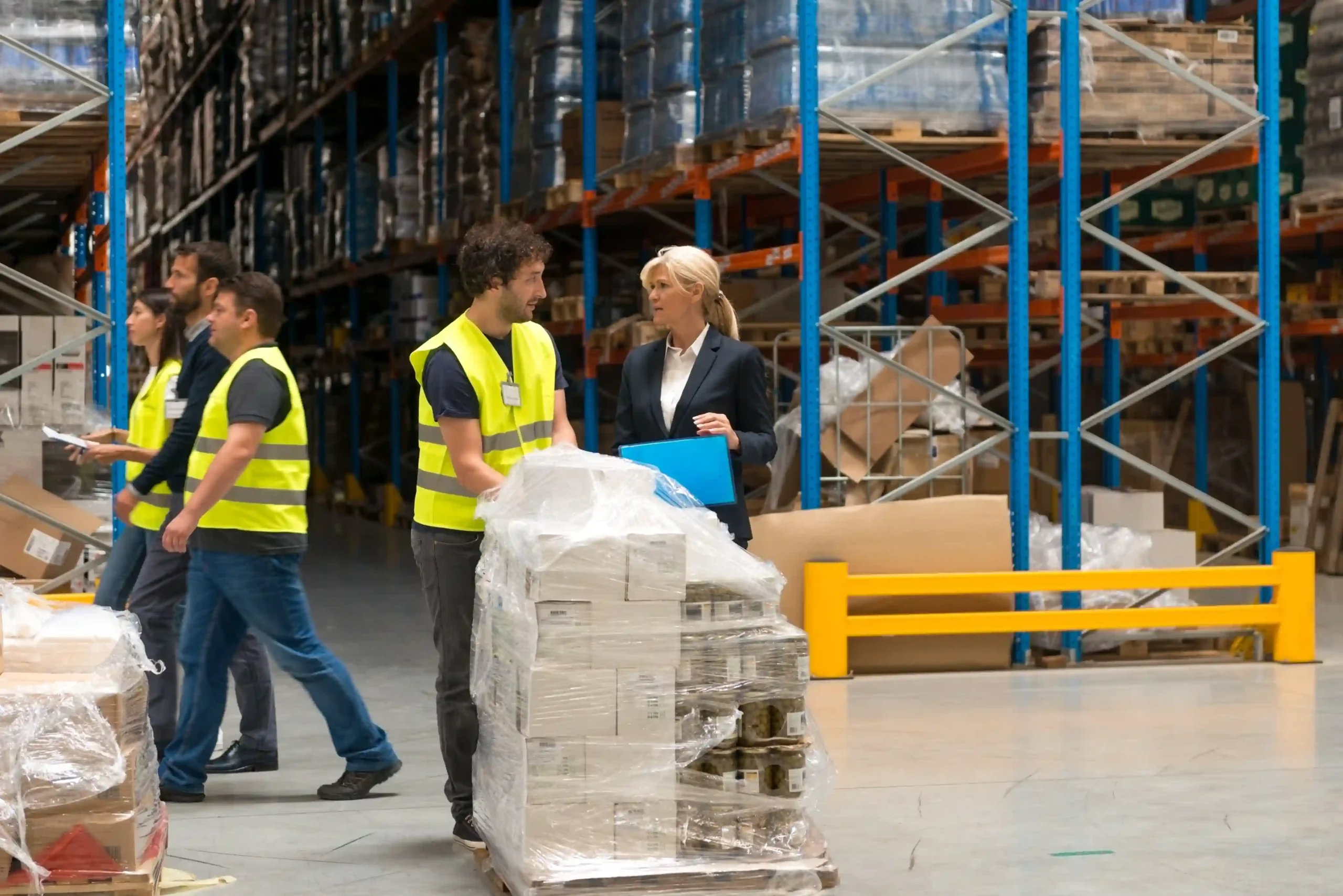 Workers coordinating pallet movement in a large warehouse — warehousing cost example tied to logistics