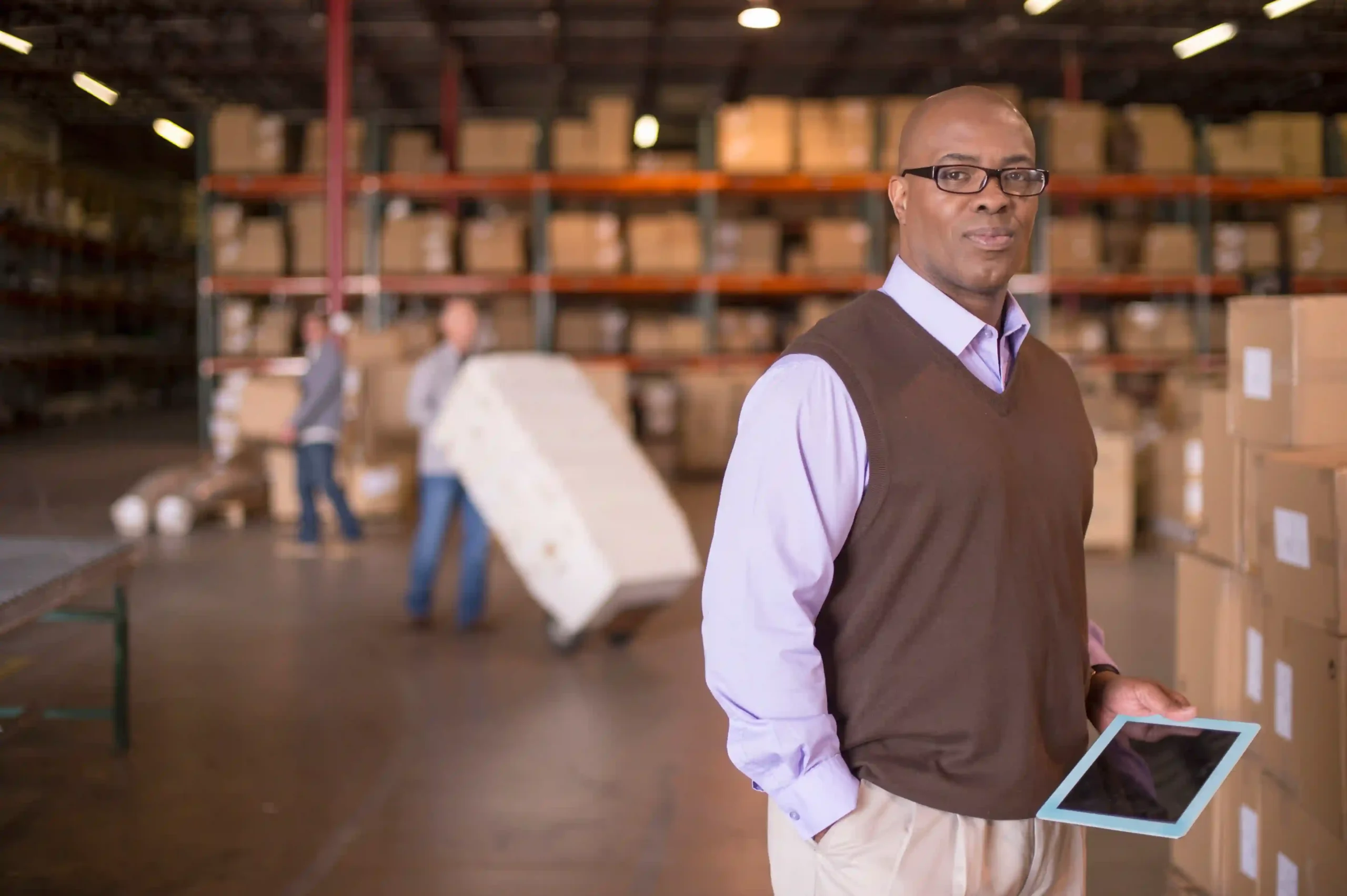 FTZ administrator overseeing warehouse operations with a tablet in hand