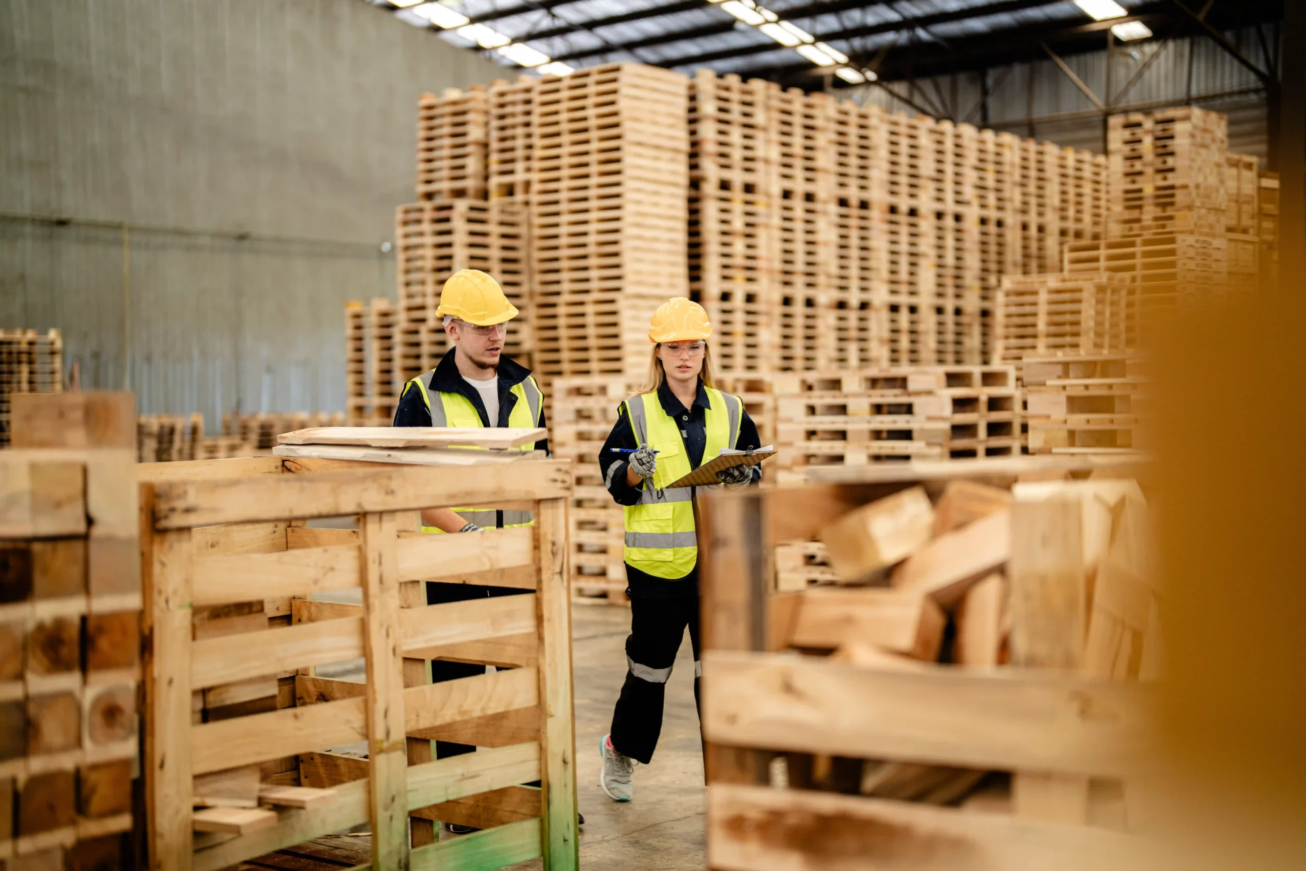 Logistics workers inspecting pallet units in a high-volume storage warehouse