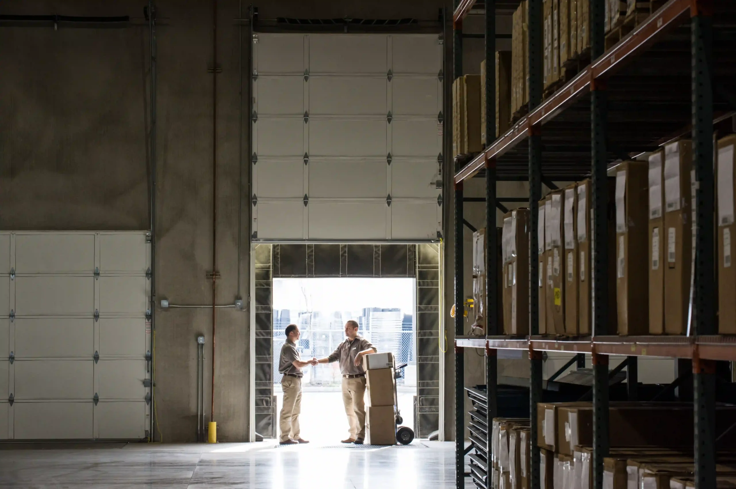 Two warehouse workers closing a successful cross docking transfer at a distribution center – cross docking news.